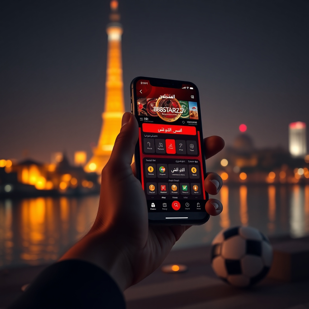 A hand holding a luxury smartphone displaying the official 888starz Egypt app with a sleek red and black interface in Arabic, background is the Cairo Tower and the Nile River at night with vibrant golden and red bokeh lights, 3D golden coins and a soccer
